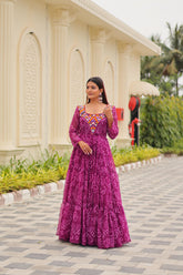 Lovely Purple Georgette Gamthi Work Gown For Navratri